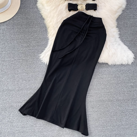 Cross V-neck Top & Fishtail Skirt Black 2Pcs