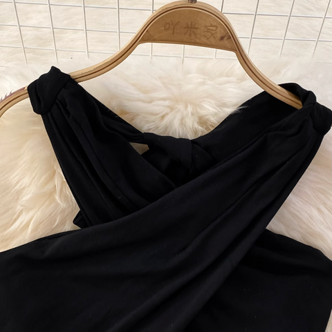 Cross V-neck Top & Fishtail Skirt Black 2Pcs