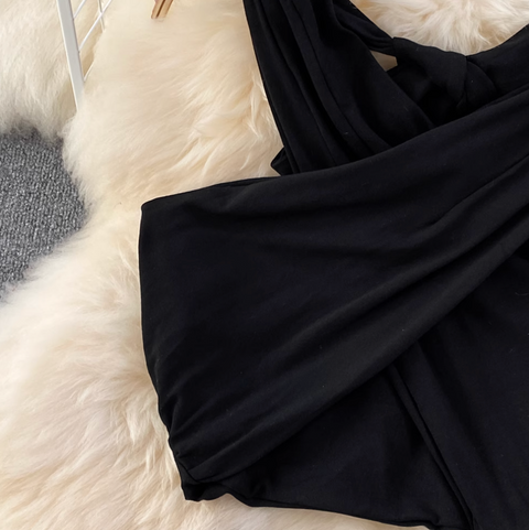 Cross V-neck Top & Fishtail Skirt Black 2Pcs