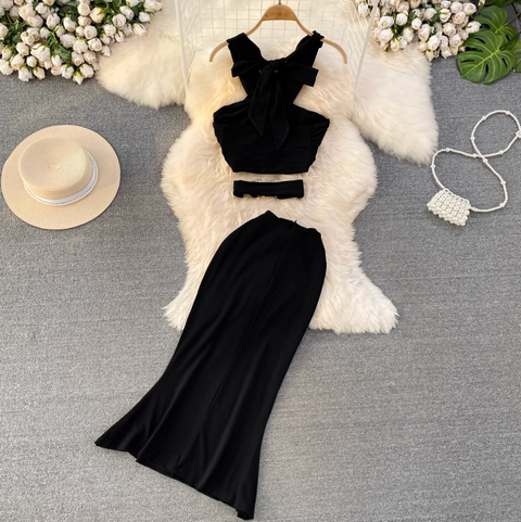 Cross V-neck Top & Fishtail Skirt Black 2Pcs