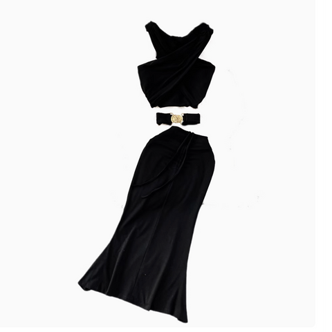 Cross V-neck Top & Fishtail Skirt Black 2Pcs