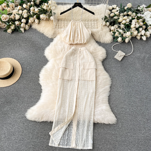 Pleated Halter Top & Lace Skirt 2Pcs