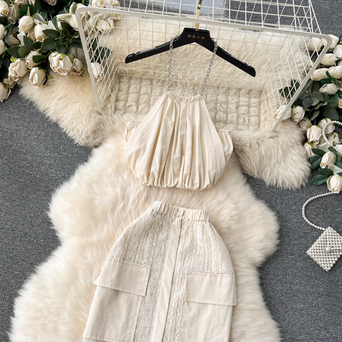 Pleated Halter Top & Lace Skirt 2Pcs