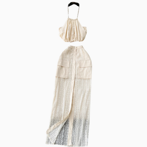 Pleated Halter Top & Lace Skirt 2Pcs