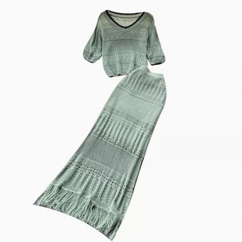 Hollowed Knitwear & Fishtail Skirt 2Pcs