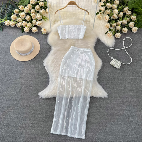 Sequined Camisole & Mesh Skirt White 2Pcs