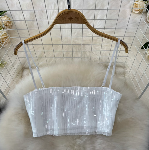 Sequined Camisole & Mesh Skirt White 2Pcs