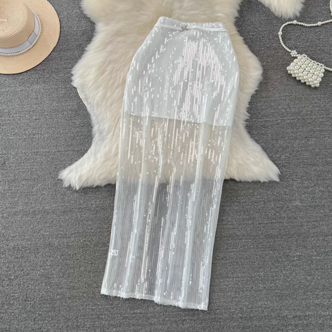 Sequined Camisole & Mesh Skirt White 2Pcs