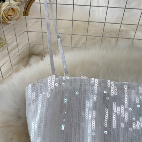 Sequined Camisole & Mesh Skirt White 2Pcs