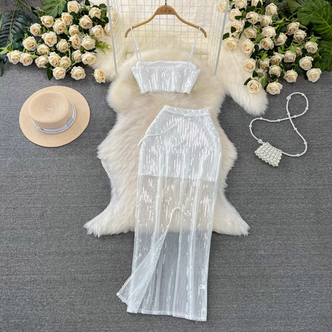 Sequined Camisole & Mesh Skirt White 2Pcs