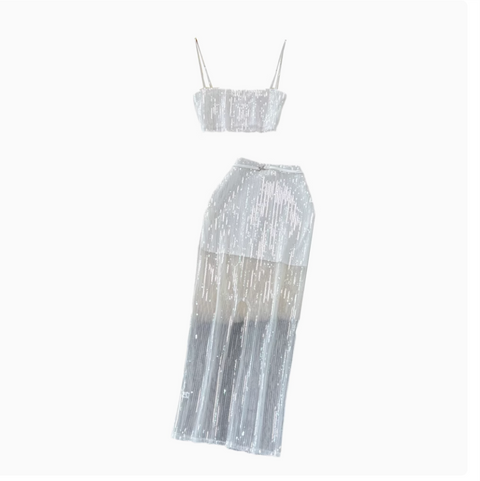 Sequined Camisole & Mesh Skirt White 2Pcs