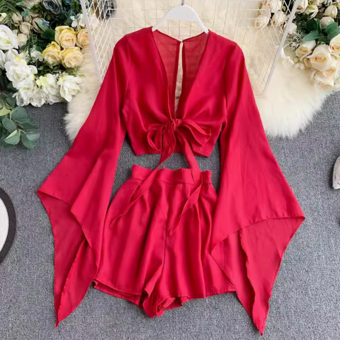 Flared-sleeve Shirt & Shorts Chiffon 2Pcs