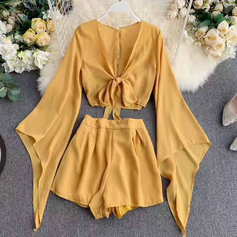 Flared-sleeve Shirt & Shorts Chiffon 2Pcs