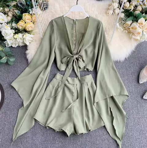 Flared-sleeve Shirt & Shorts Chiffon 2Pcs