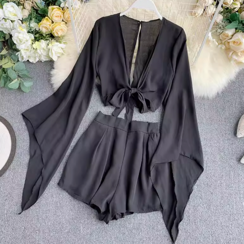 Flared-sleeve Shirt & Shorts Chiffon 2Pcs