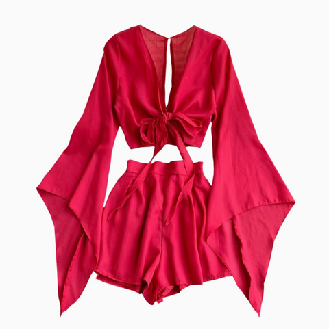 Flared-sleeve Shirt & Shorts Chiffon 2Pcs