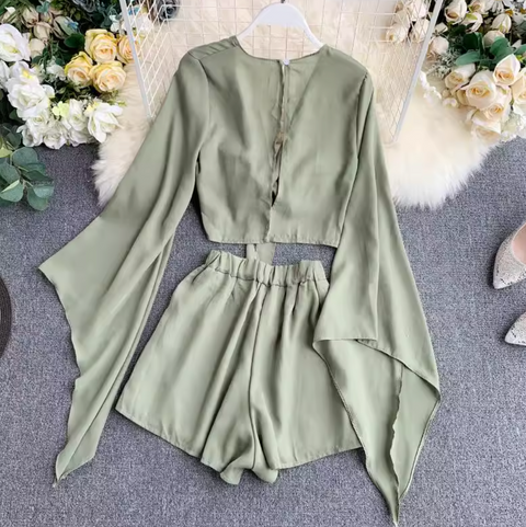 Flared-sleeve Shirt & Shorts Chiffon 2Pcs