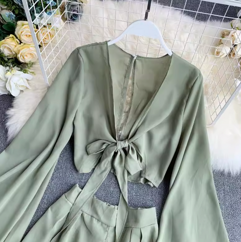 Flared-sleeve Shirt & Shorts Chiffon 2Pcs