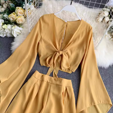 Flared-sleeve Shirt & Shorts Chiffon 2Pcs