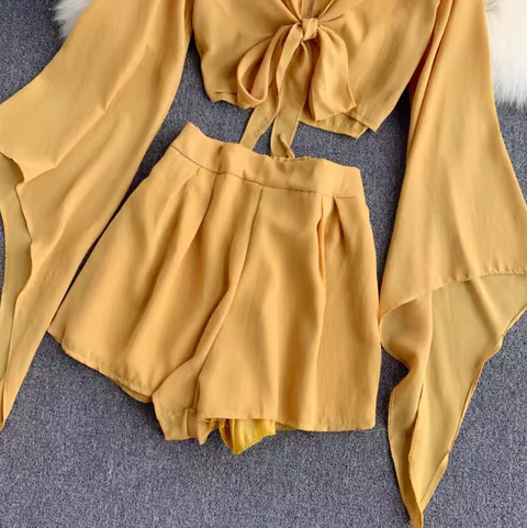 Flared-sleeve Shirt & Shorts Chiffon 2Pcs