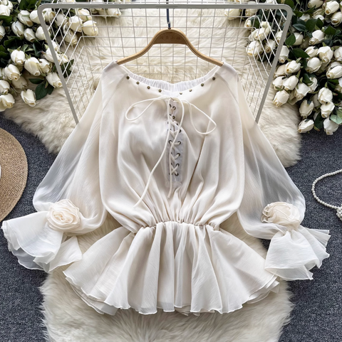 Sweetie Lace-up Ruffled Chiffon Shirt