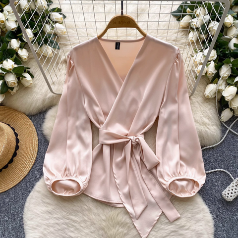 V-neck Knotted Lace-up Satin Shirt