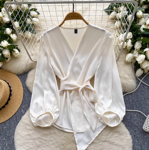 V-neck Knotted Lace-up Satin Shirt