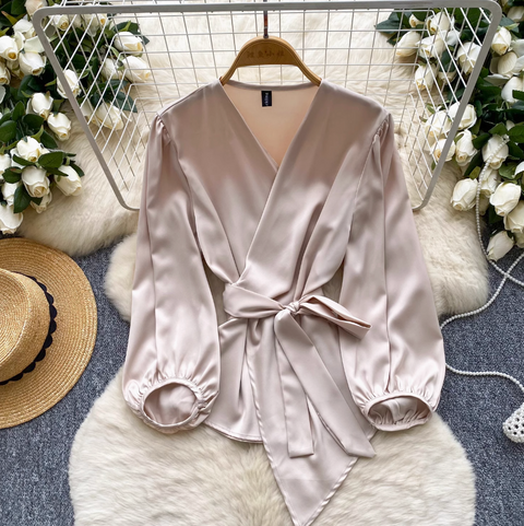V-neck Knotted Lace-up Satin Shirt