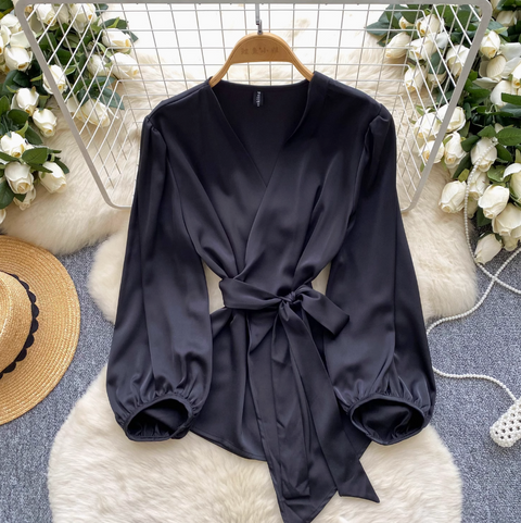 V-neck Knotted Lace-up Satin Shirt