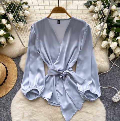 V-neck Knotted Lace-up Satin Shirt