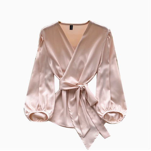 V-neck Knotted Lace-up Satin Shirt