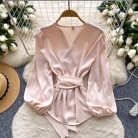 V-neck Knotted Lace-up Satin Shirt