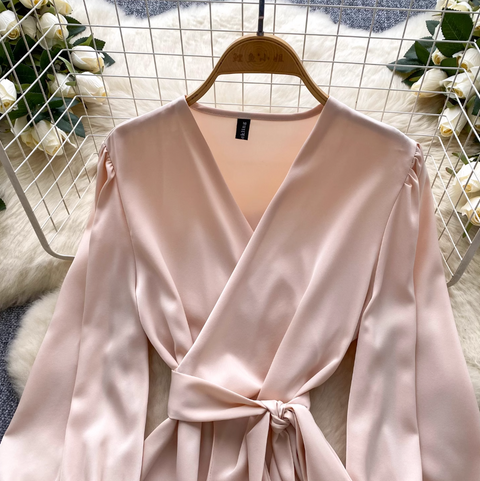 V-neck Knotted Lace-up Satin Shirt