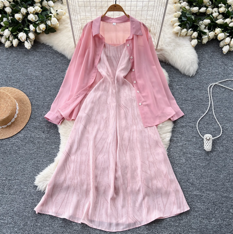 Chiffon Shirt & Plaid Slip Dress 2Pcs