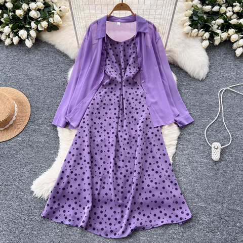 Chiffon Shirt & Plaid Slip Dress 2Pcs