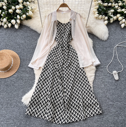 Chiffon Shirt & Plaid Slip Dress 2Pcs