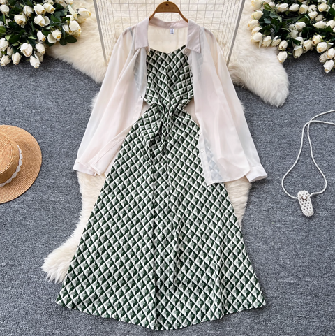 Chiffon Shirt & Plaid Slip Dress 2Pcs