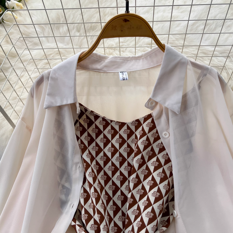 Chiffon Shirt & Plaid Slip Dress 2Pcs