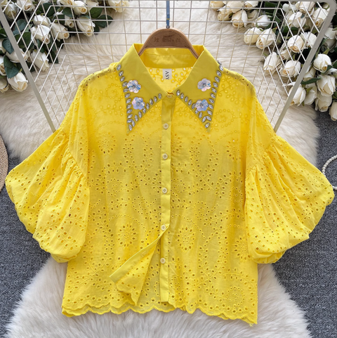 Courtly Hollowed Crochet Sequined Shirt