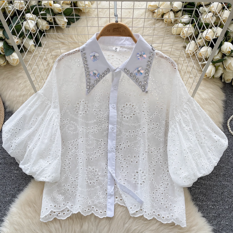 Courtly Hollowed Crochet Sequined Shirt