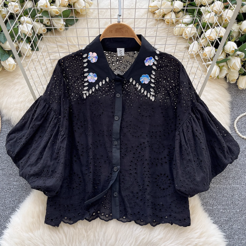 Courtly Hollowed Crochet Sequined Shirt