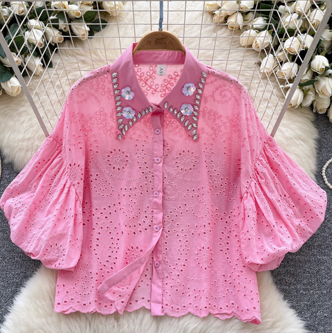 Courtly Hollowed Crochet Sequined Shirt