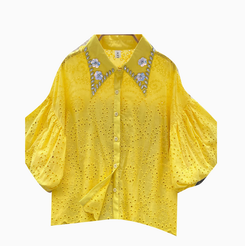 Courtly Hollowed Crochet Sequined Shirt
