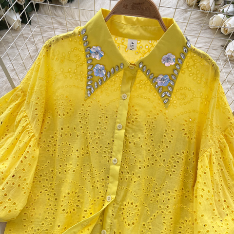 Courtly Hollowed Crochet Sequined Shirt