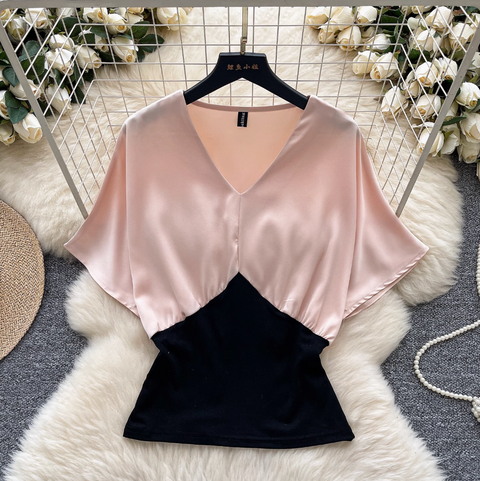Elegant V-neck Patchwork Satin Shirt