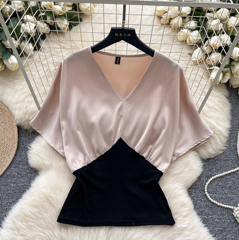 Elegant V-neck Patchwork Satin Shirt