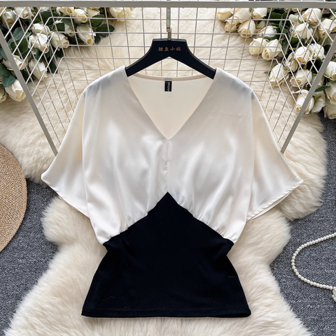 Elegant V-neck Patchwork Satin Shirt