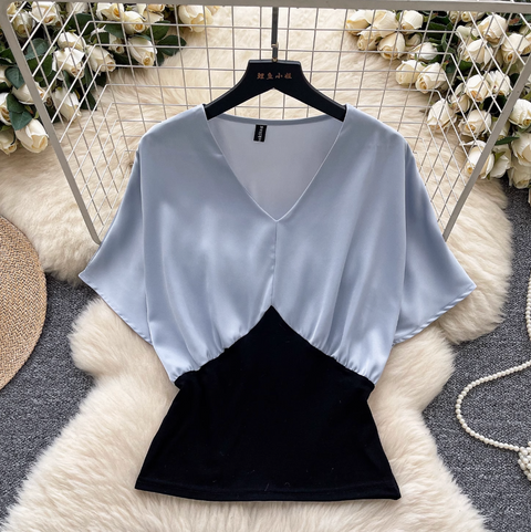 Elegant V-neck Patchwork Satin Shirt