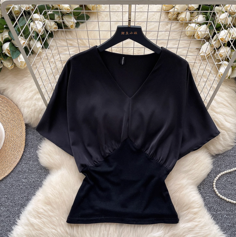 Elegant V-neck Patchwork Satin Shirt