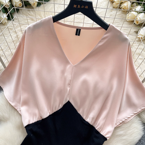 Elegant V-neck Patchwork Satin Shirt